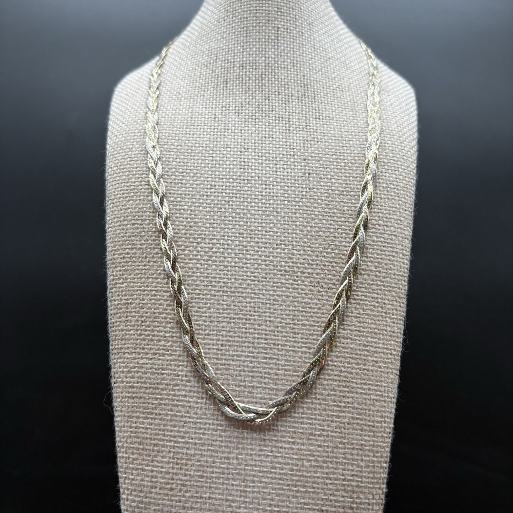 Sterling Silver 925 SAC Tricolor Braided Herringbone Chain Necklace 20 Inch